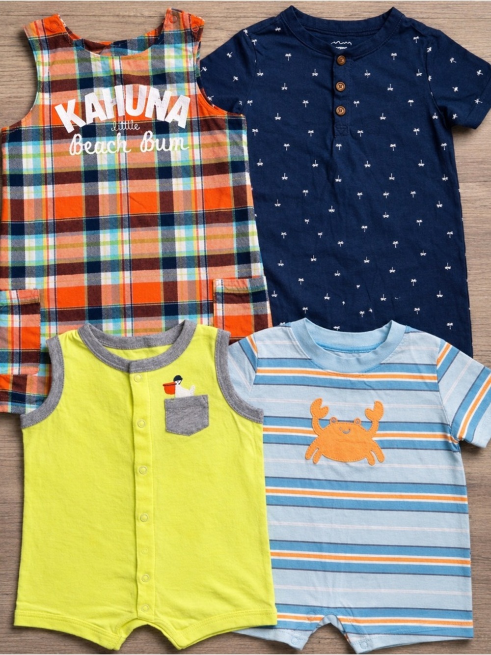 Carter’s 24M Baby Boy Romper Bundle 4pc Summer Outfits Palm Tree Crab Plaid